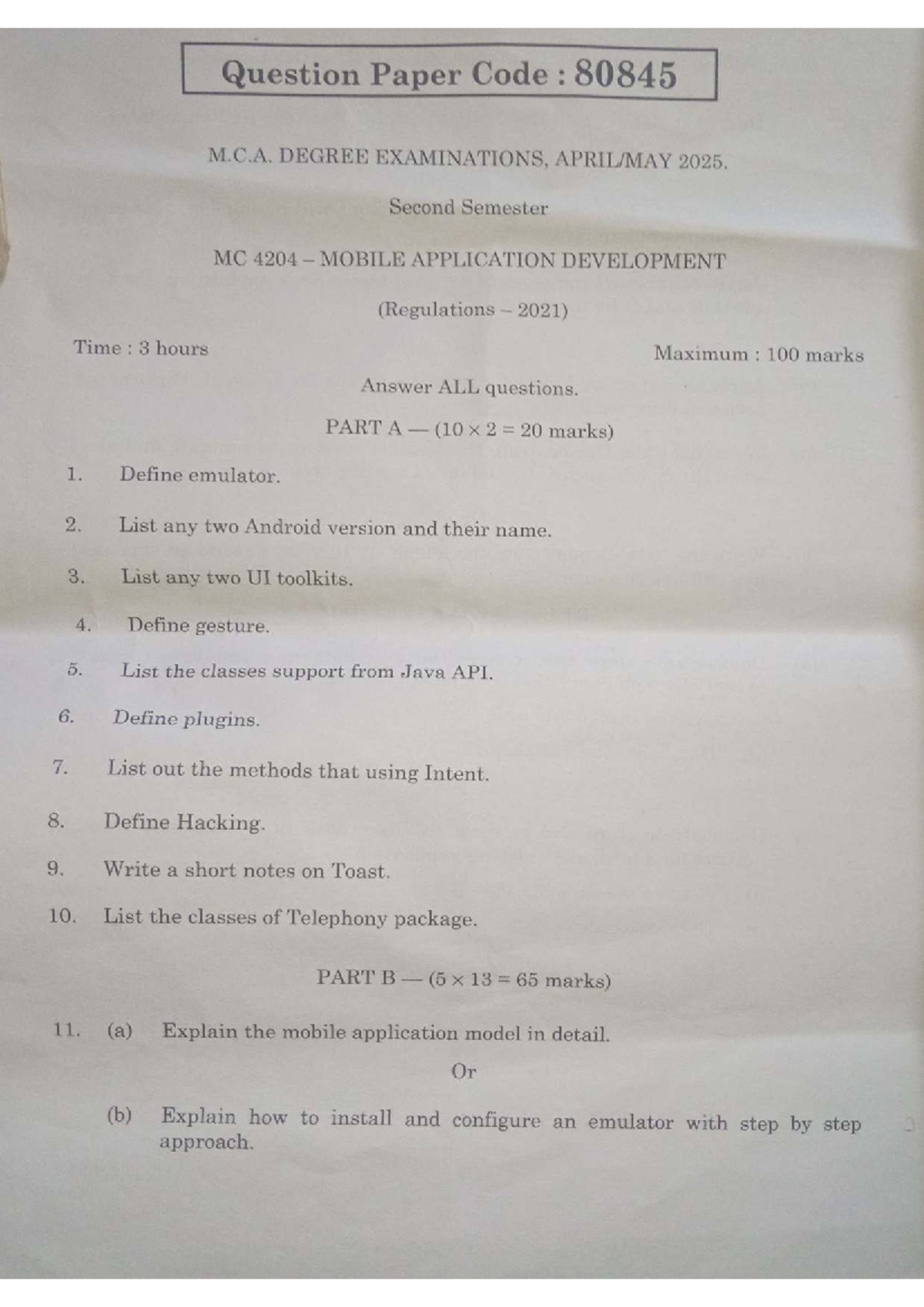 M.C.A. 2025 Second Sem MC 4204 Mobile App Development QP - Studocu