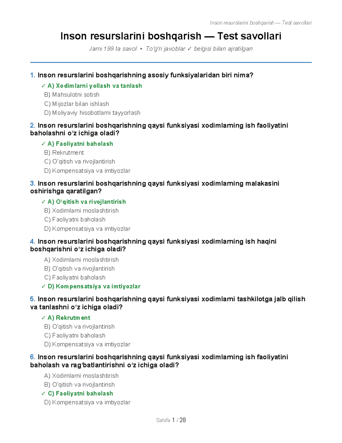 Inson resurslarini boshqarish — HR Test Savollari (HR 101) - Studocu