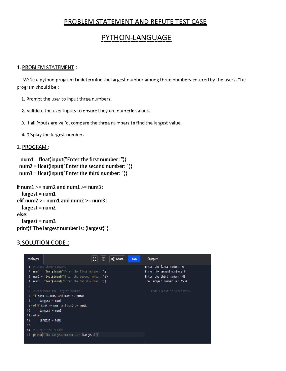 Python Program to Find Largest Among Three Numbers - RA2411030010211 ...