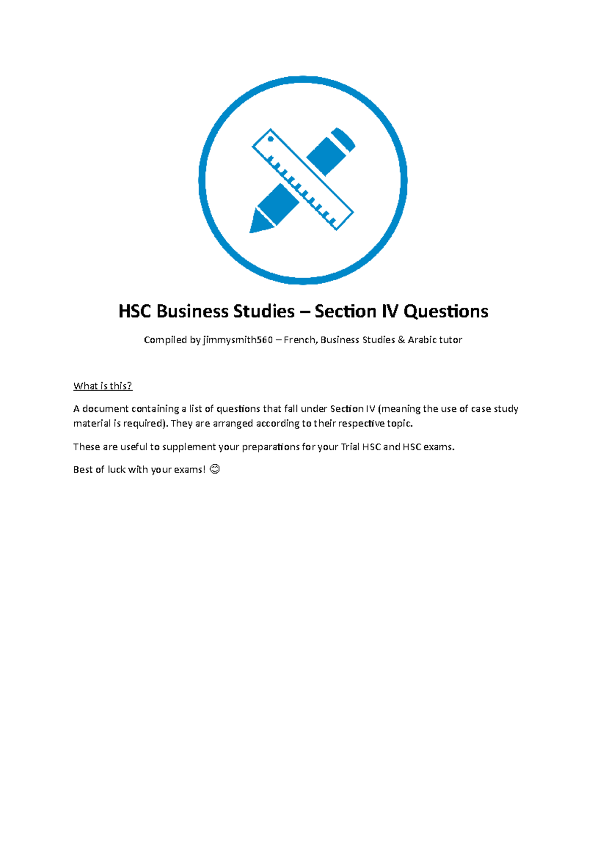 HSC Business Studies - Section IV Case Study Questions for Exam Prep ...