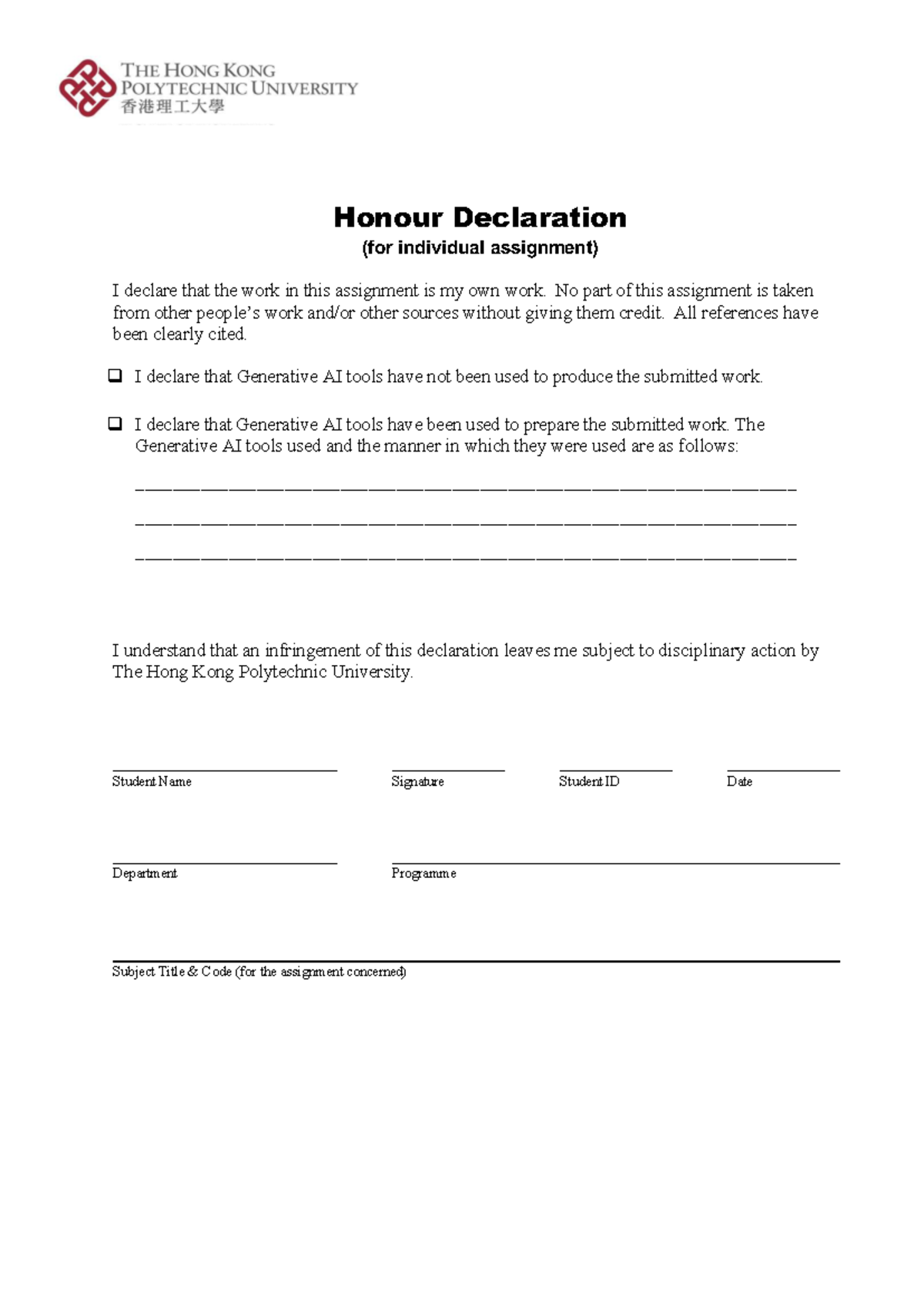 Honour Declaration Form for Individual Assignment - Updated June 2023 ...