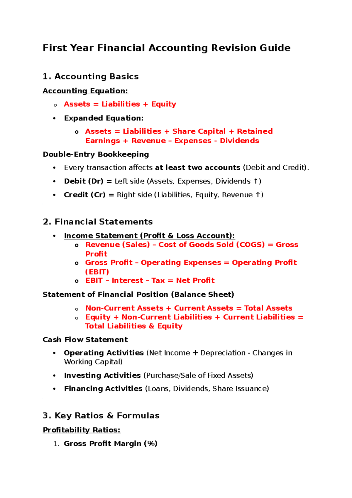 Year 1 Financial Accounting Revision Guide: Key Concepts & Ratios - Studocu