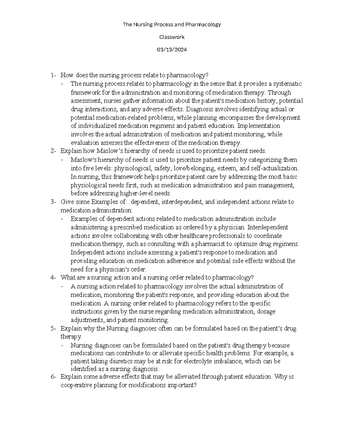 Nursing Process and Pharmacology - Classwork Notes (03/13) - Studocu
