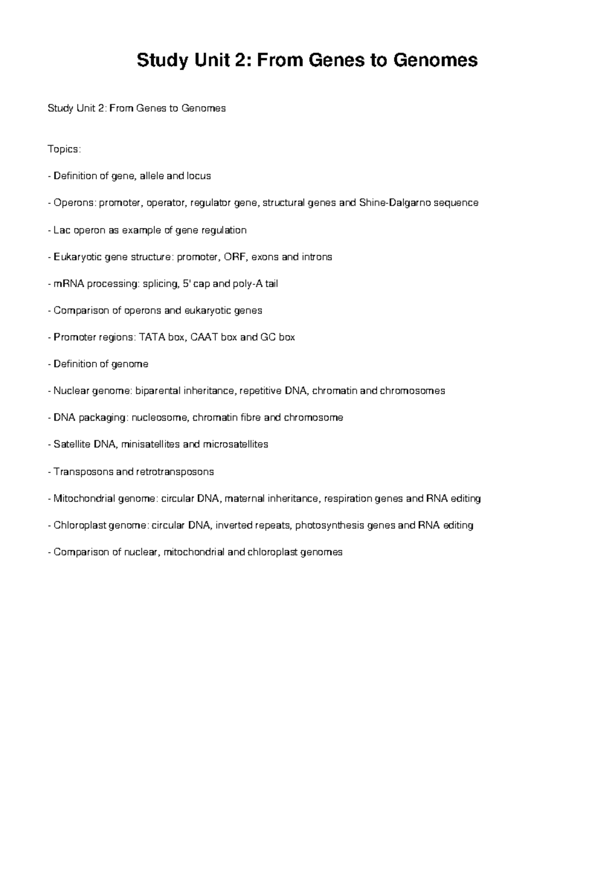 SU2: From Genes to Genomes Summary and Key Concepts - Studocu
