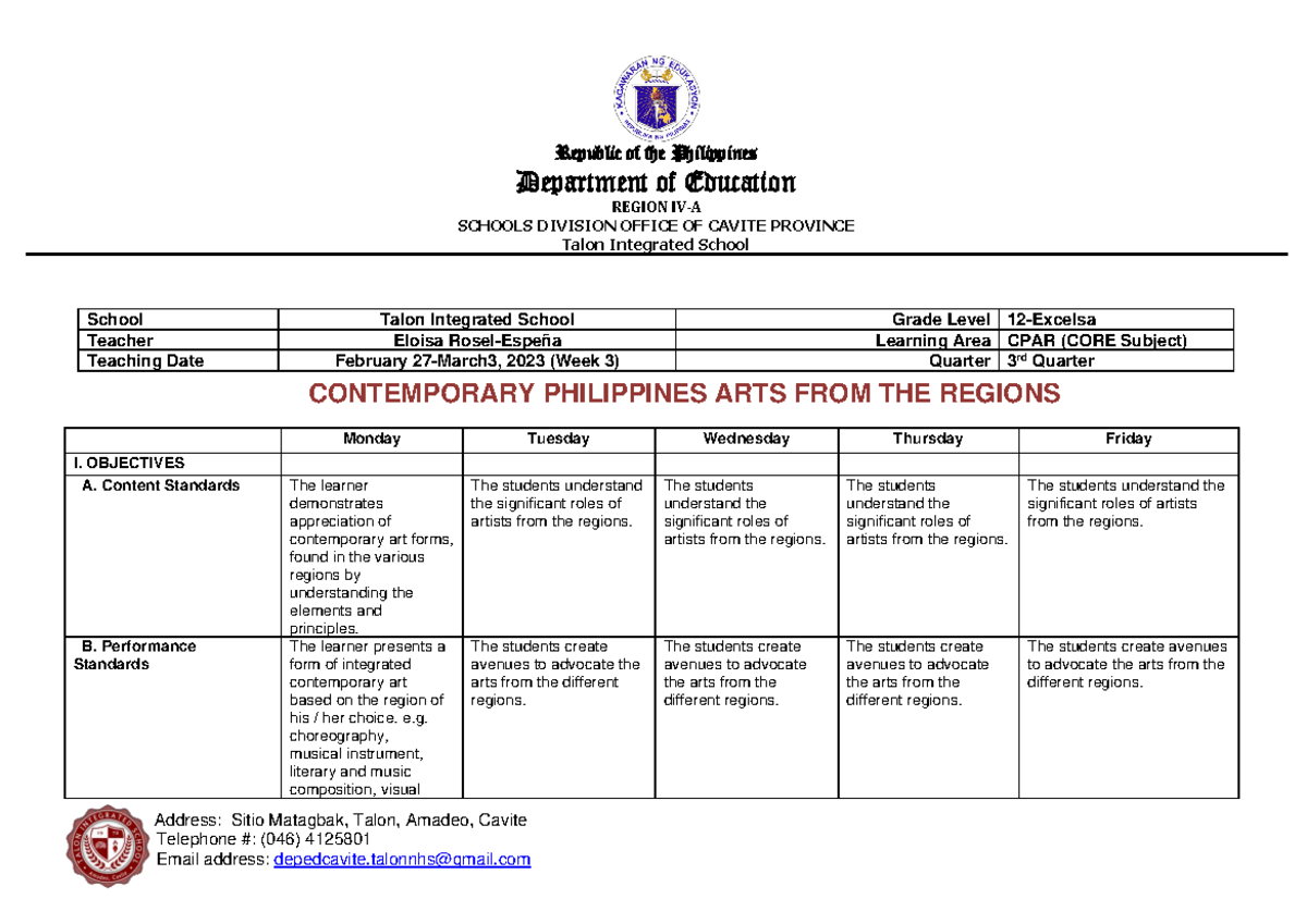 CPAR 12-Excelsa Week 3 Lesson Plan - Contemporary Philippine Arts - Studocu