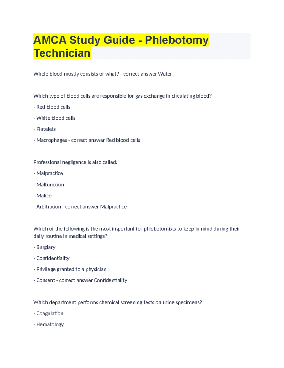 AMCA Phlebotomy Exam Review: Quiz Solutions & Key Concepts - Studocu