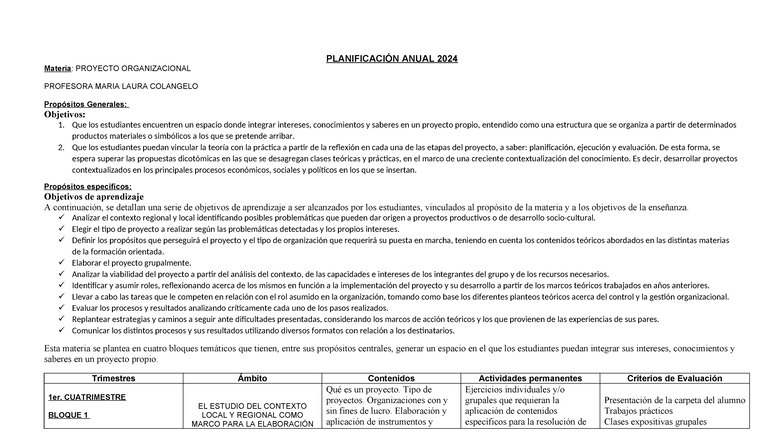 Planificación Anual 2024: Proyecto Organizacional 6TO. ECO - Document Preview