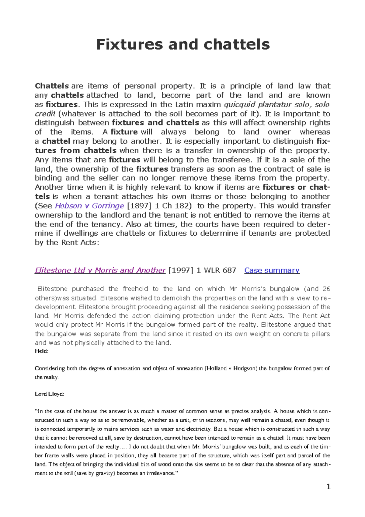Fixtures and Chattels: Lecture and Case Study Notes - Studocu