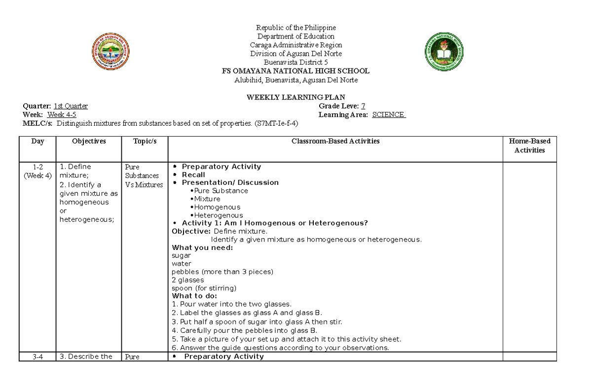 WLP Q1 W4-5 - Weekly Learning Plan for Grade 7 Science Teachers - Studocu