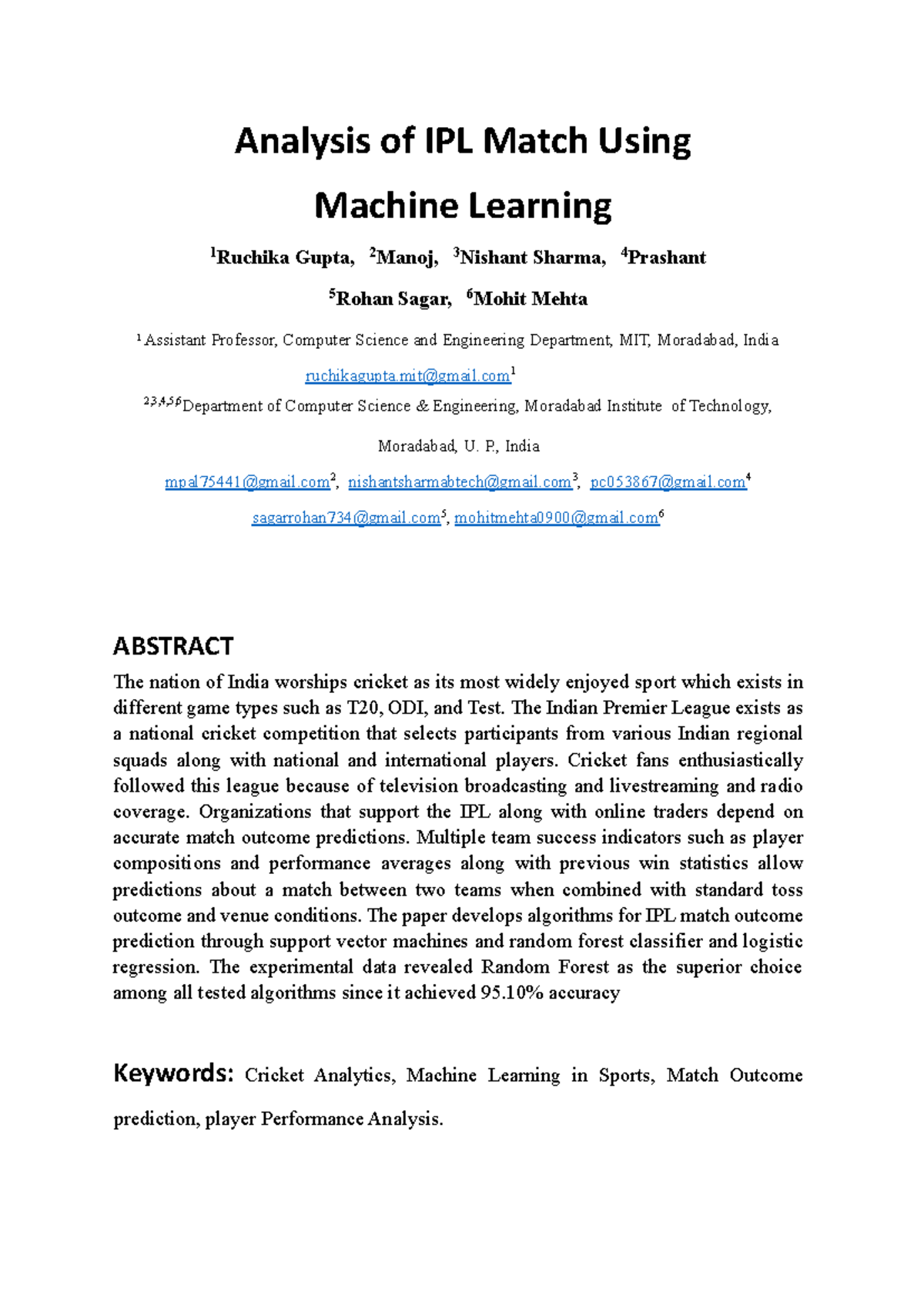 Analysis of IPL Match Outcomes Using ML Techniques - CSE 101 - Studocu