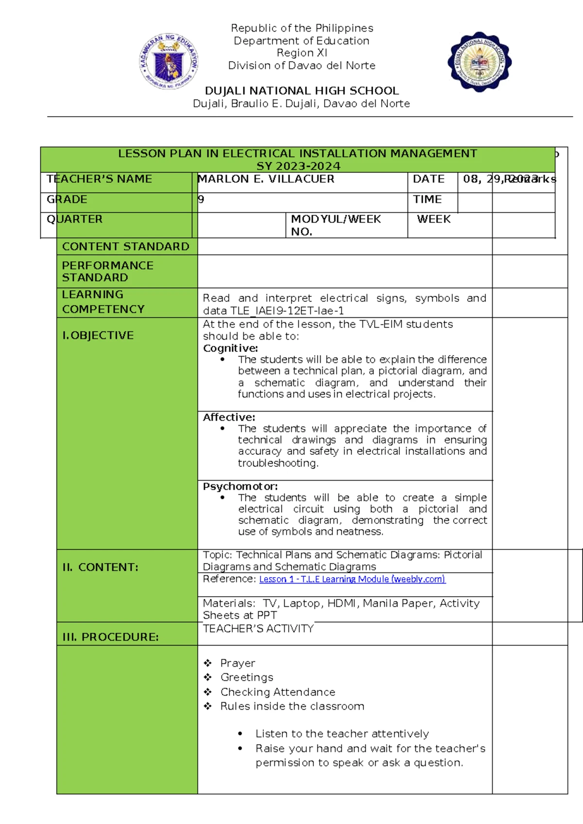 Grade 9 Lesson Plan: Electrical Installation Management (TLE) - Studocu