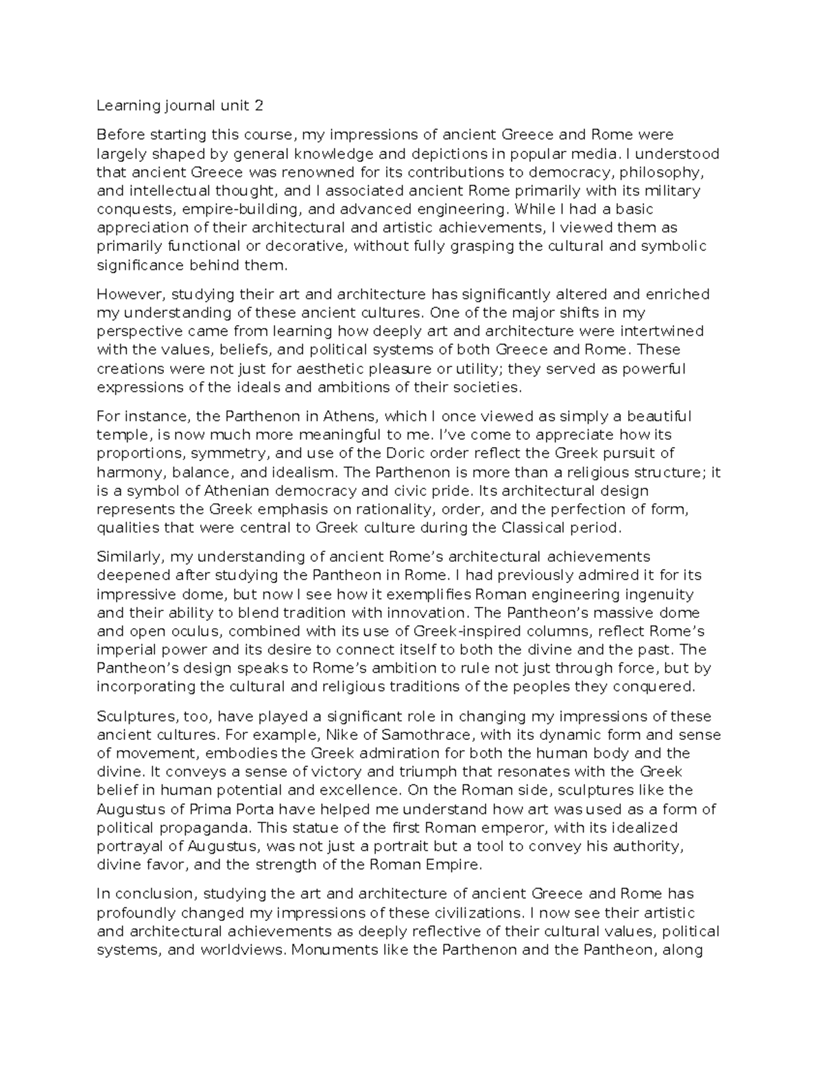 Learning Journal Unit 2: Exploring Art & Architecture of Greece & Rome ...