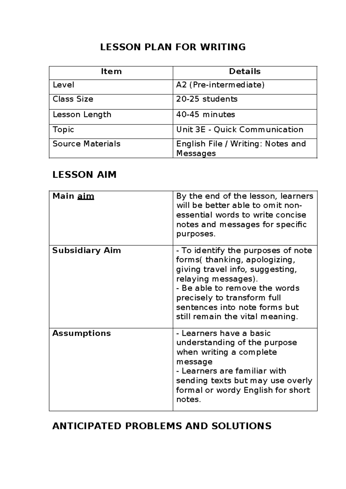 A2 Writing Lesson Plan: Concise Notes & Messages (Unit 3E) - Studocu