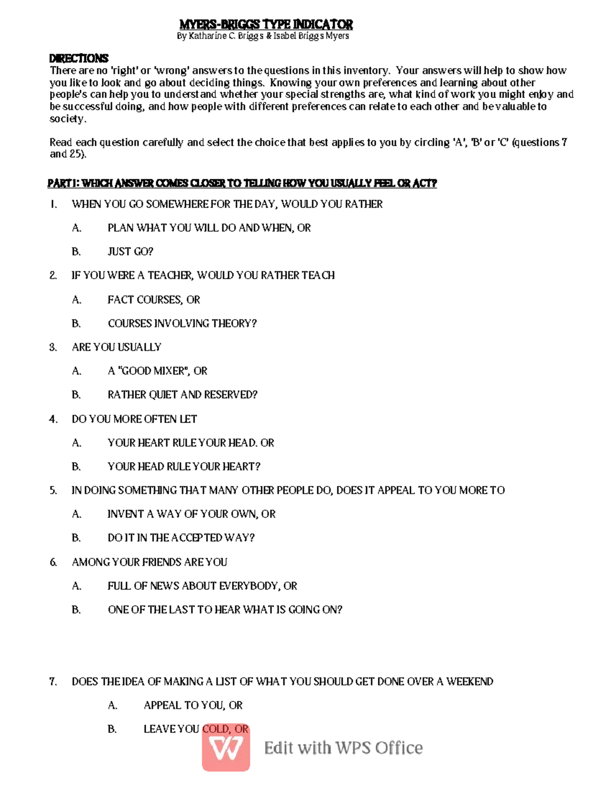 MBTI Personality Type Indicator Inventory - Test Instructions - Studocu