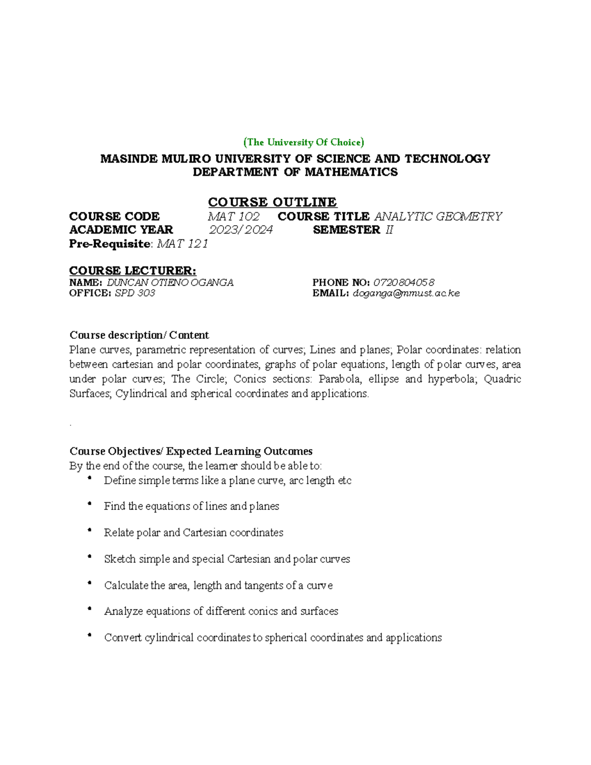 MAT 102 Analytic Geometry Course Outline - Academic Year 2023/2024 ...