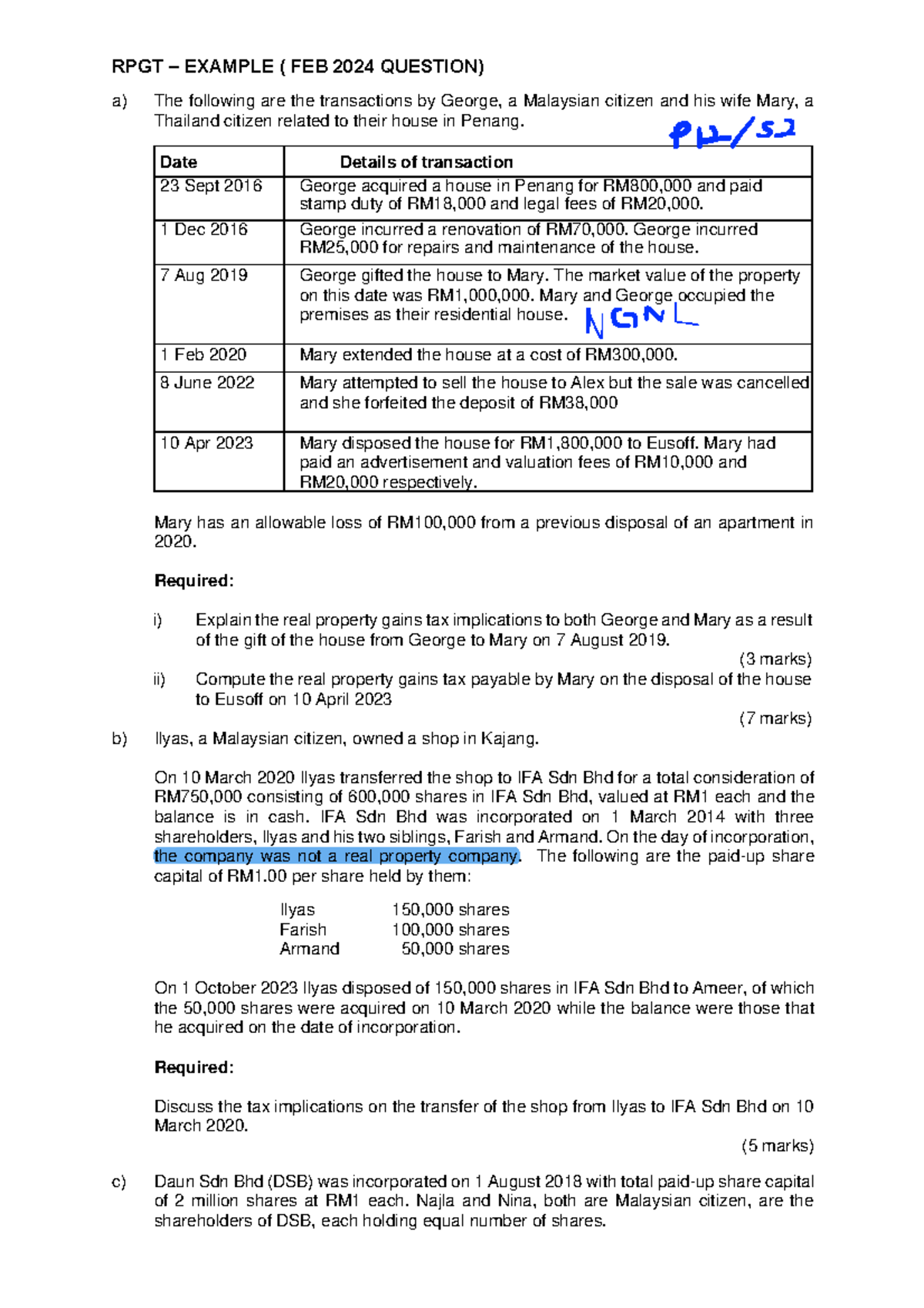 RPGT - Example Analysis and Tax Implications (FEB 2024) - Studocu