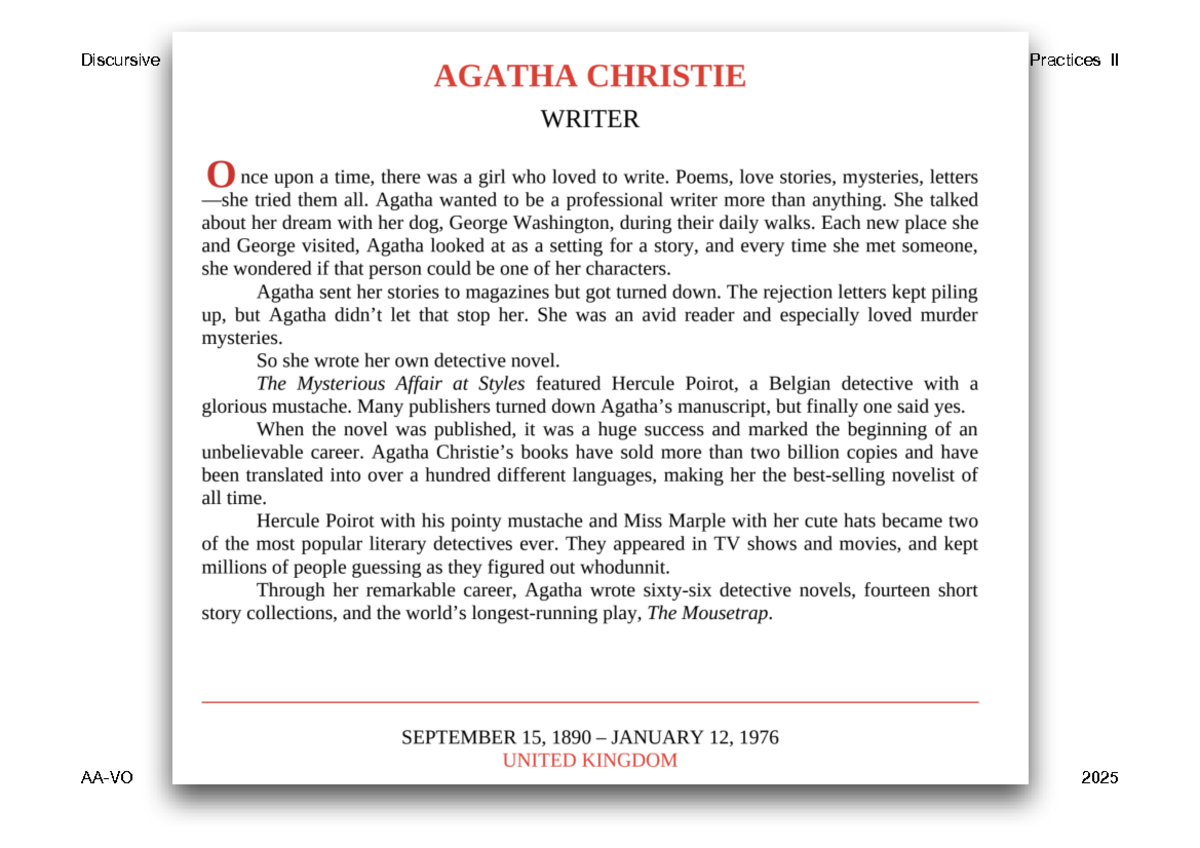 Discursive Practices II: Agatha Christie - A Writer's Journey - Studocu