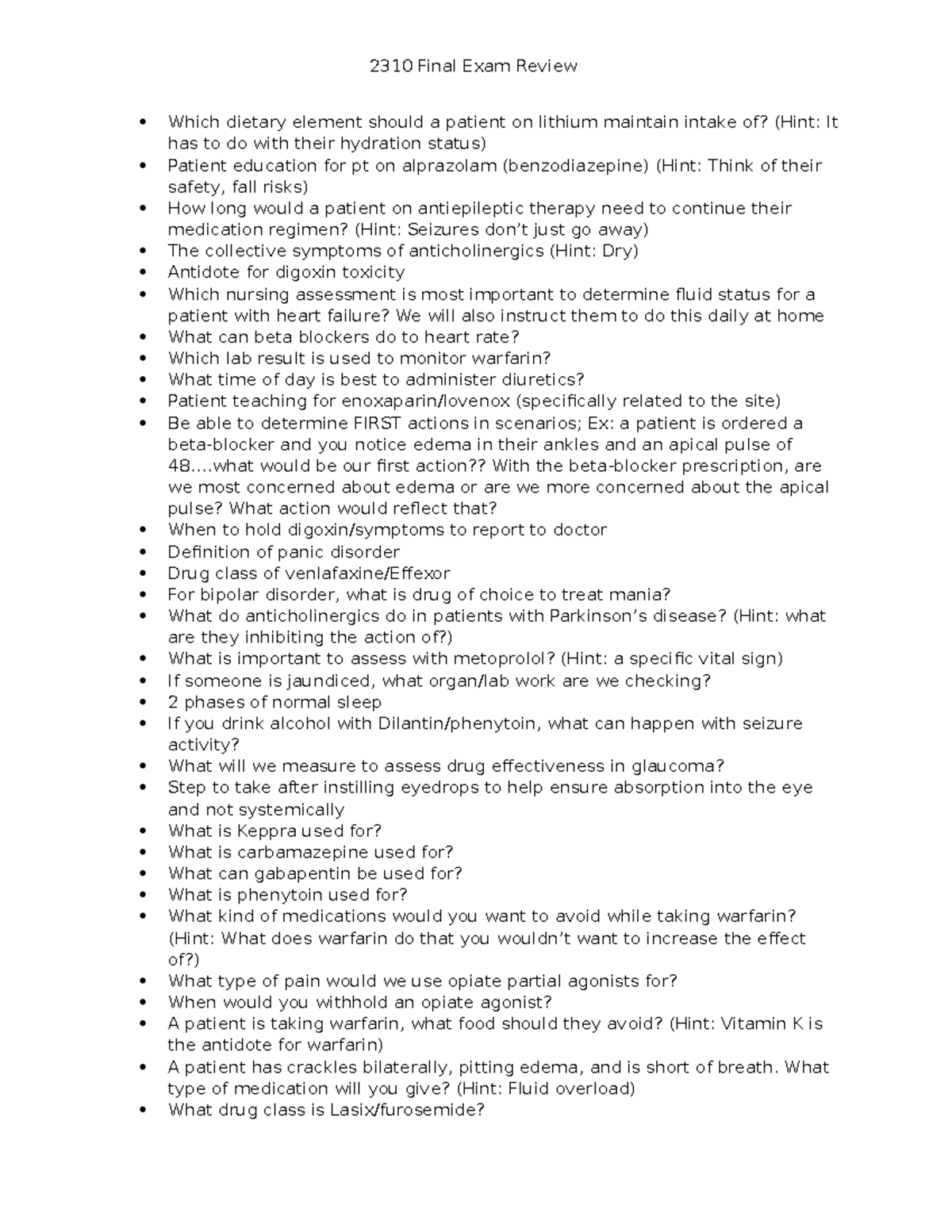 2310 Final exam review - key nursing concepts and patient education ...