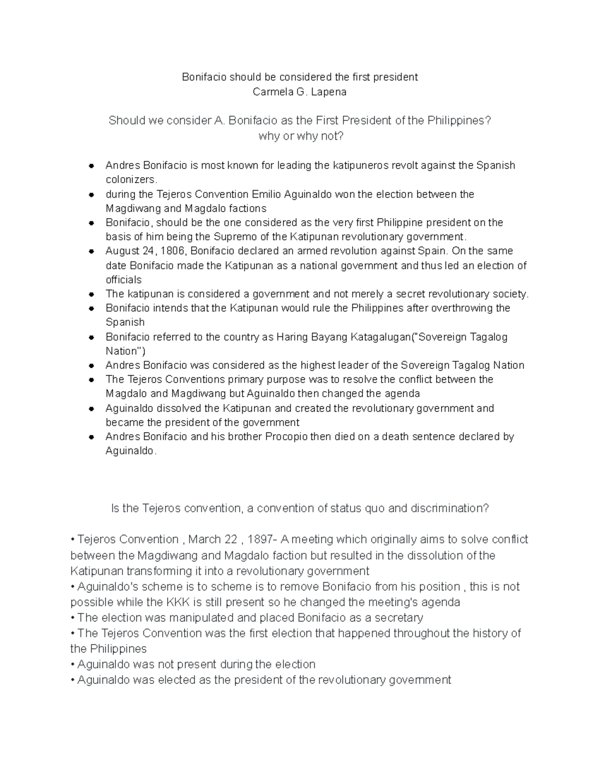 Bonifacio Notes - Bonifacio should be considered the first president ...