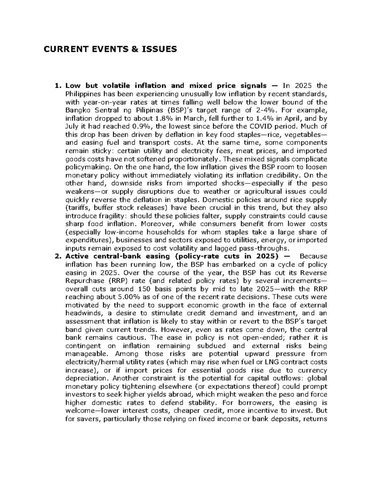 Current Events Issues: Inflation, Debt, and Governance in 2025 - Studocu