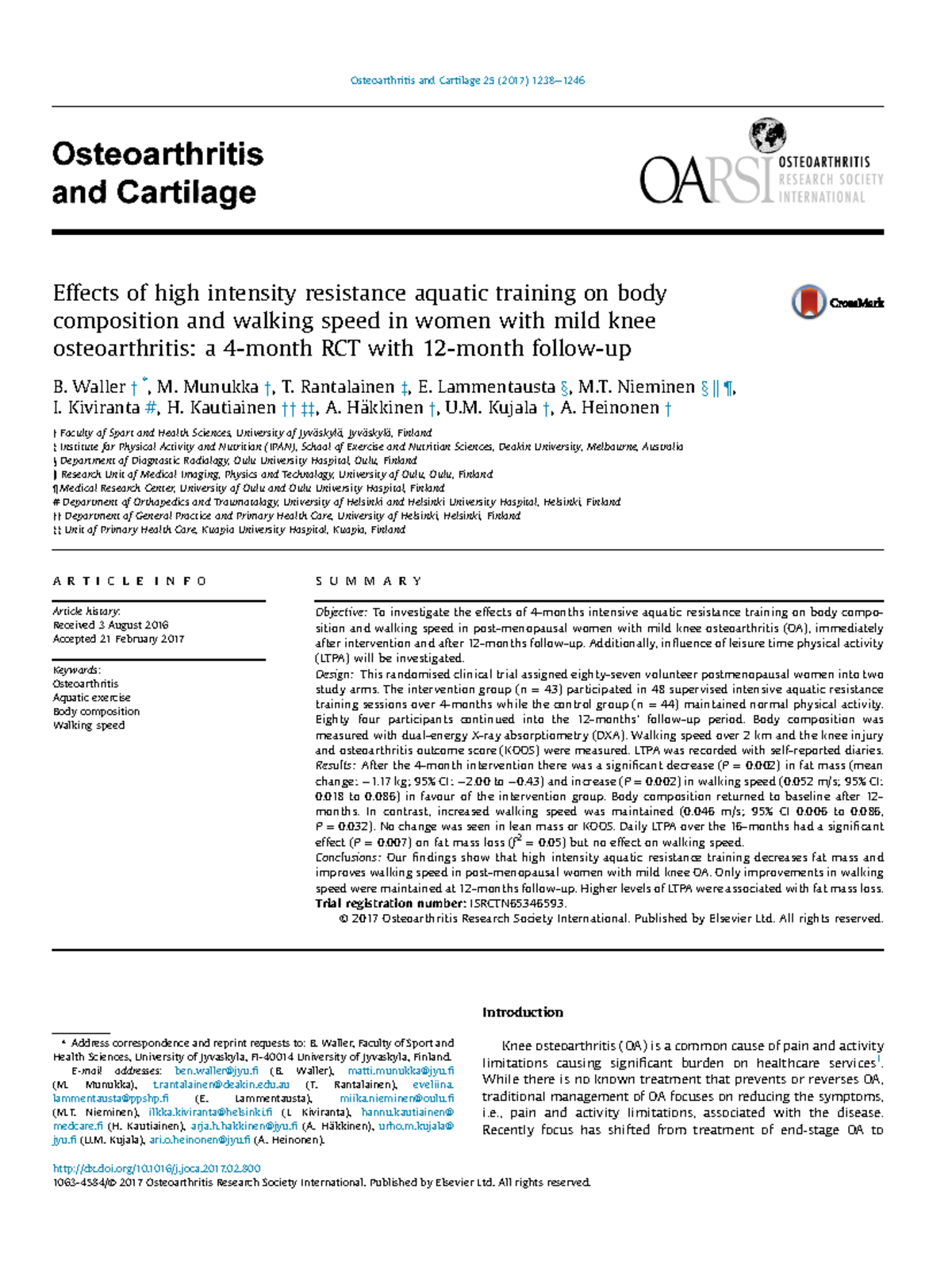 Effects of High-Intensity Aquatic Resistance Training in OA: RCT ...