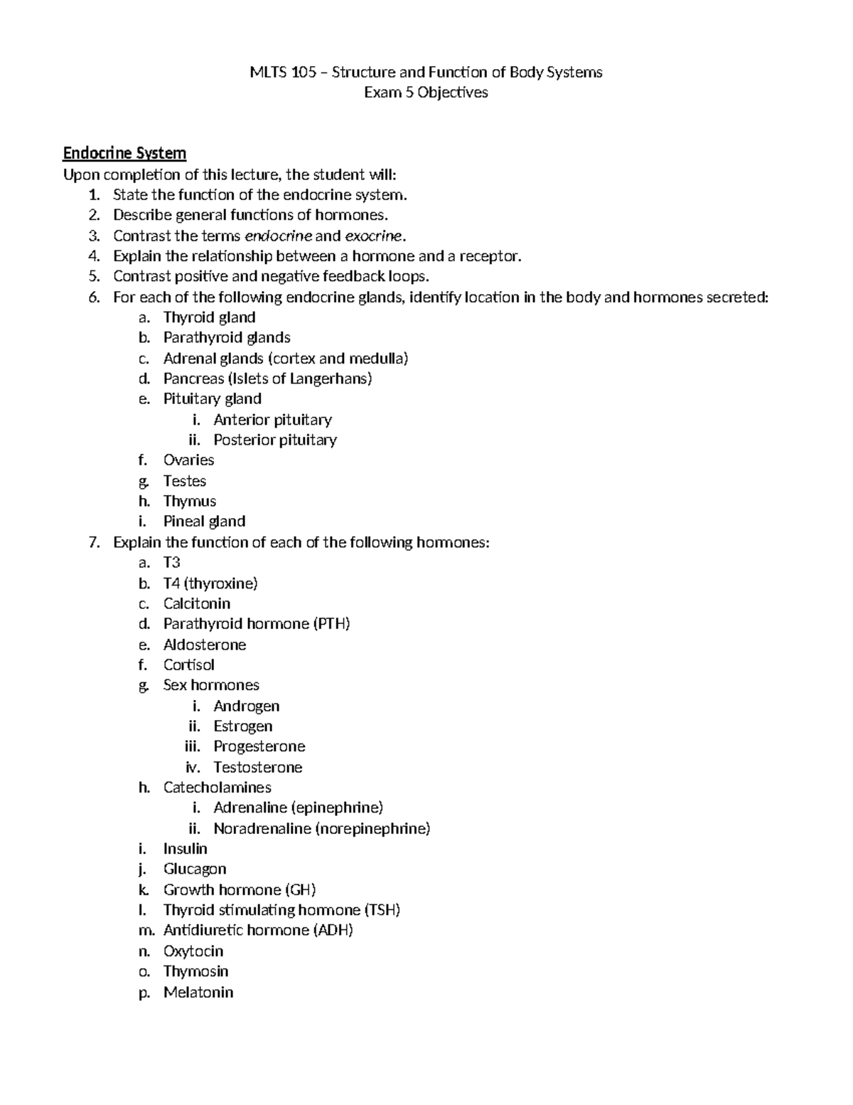 MLTS 105 Final Exam Study Guide: Endocrine & Reproductive Systems - Studocu