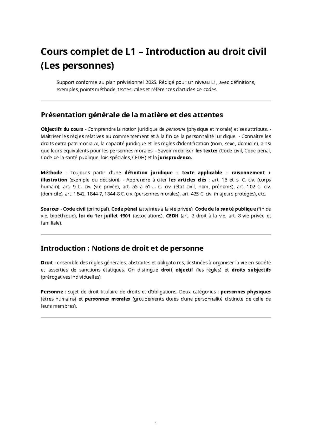 Cours L1 – Introduction au Droit Civil (Les Personnes) – Guide Complet ...
