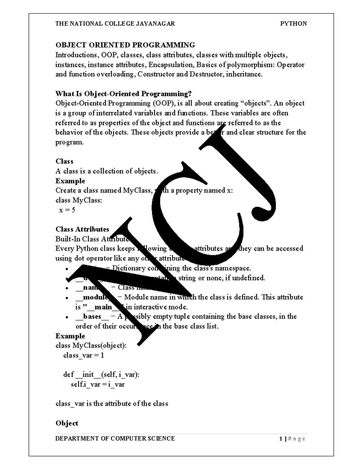 Python OOP Notes - Autonomous College Syllabus Overview - Studocu