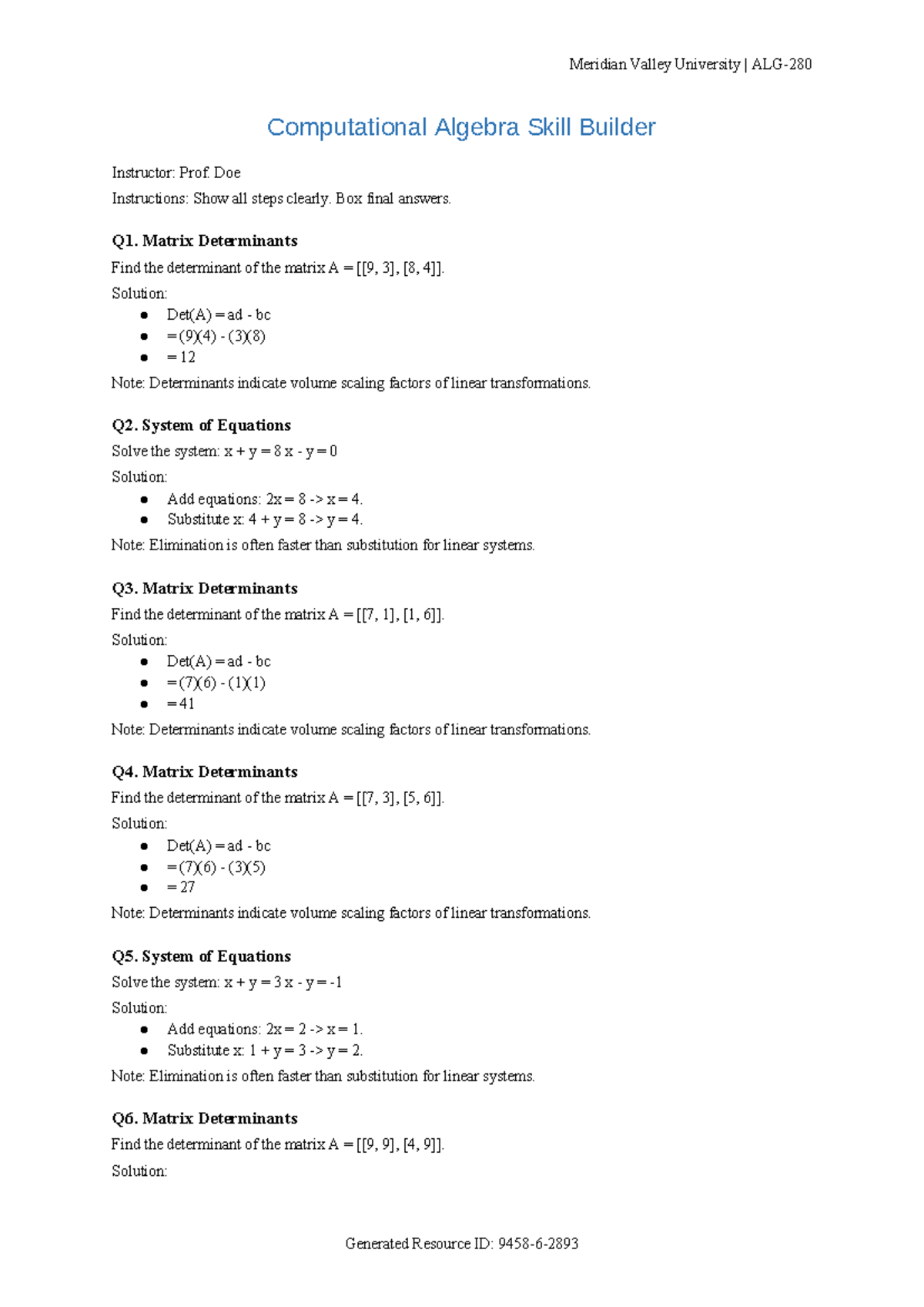 ALG-280 Computational Algebra Skill Builder: Matrix Determinants ...