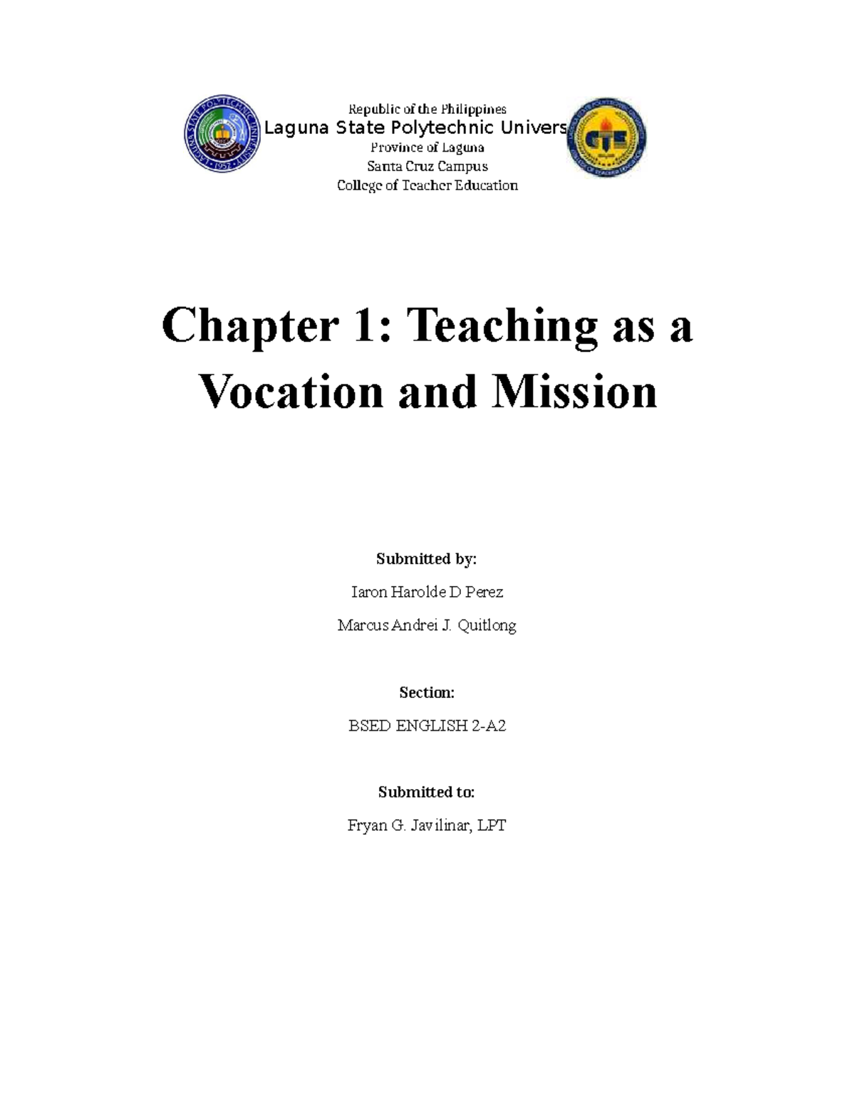 BSED ENGLISH: Chapter 1 - Teaching as a Vocation and Mission - Studocu