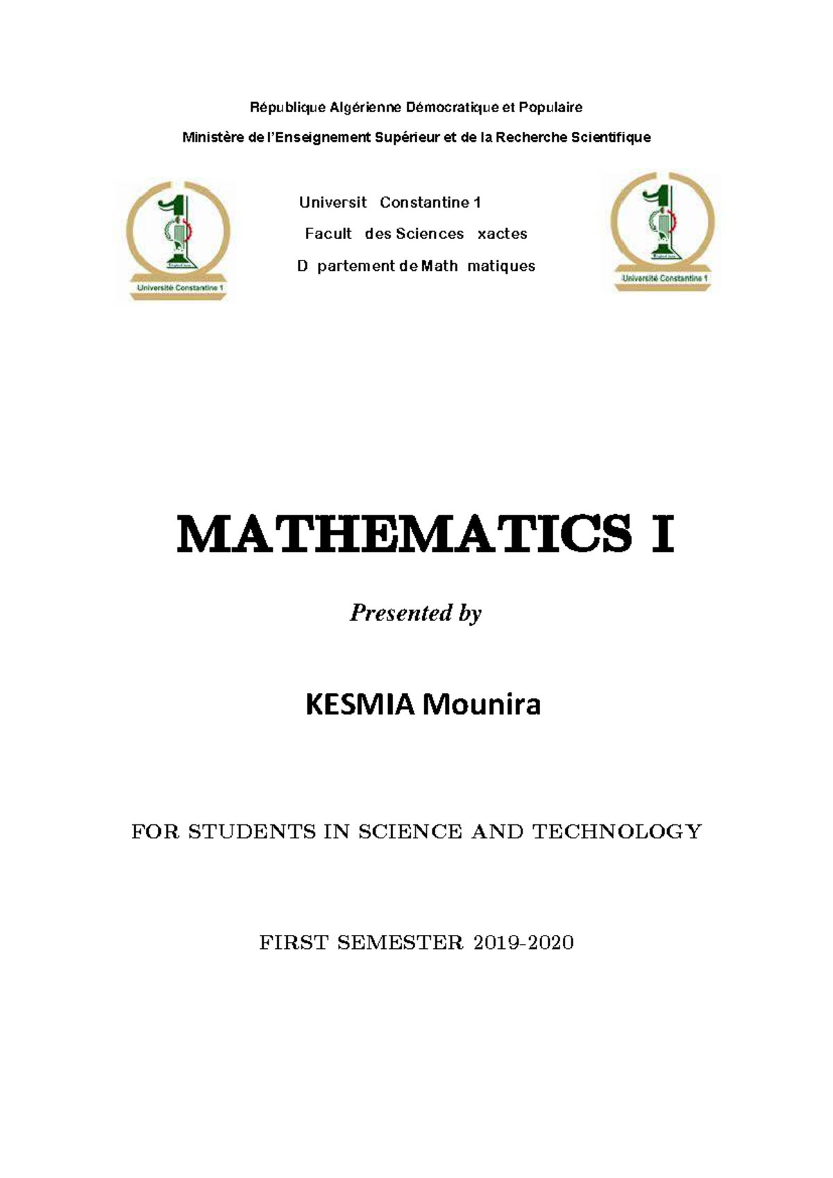 Mathematics I Course Notes for Science and Technology (Pm) - Studocu