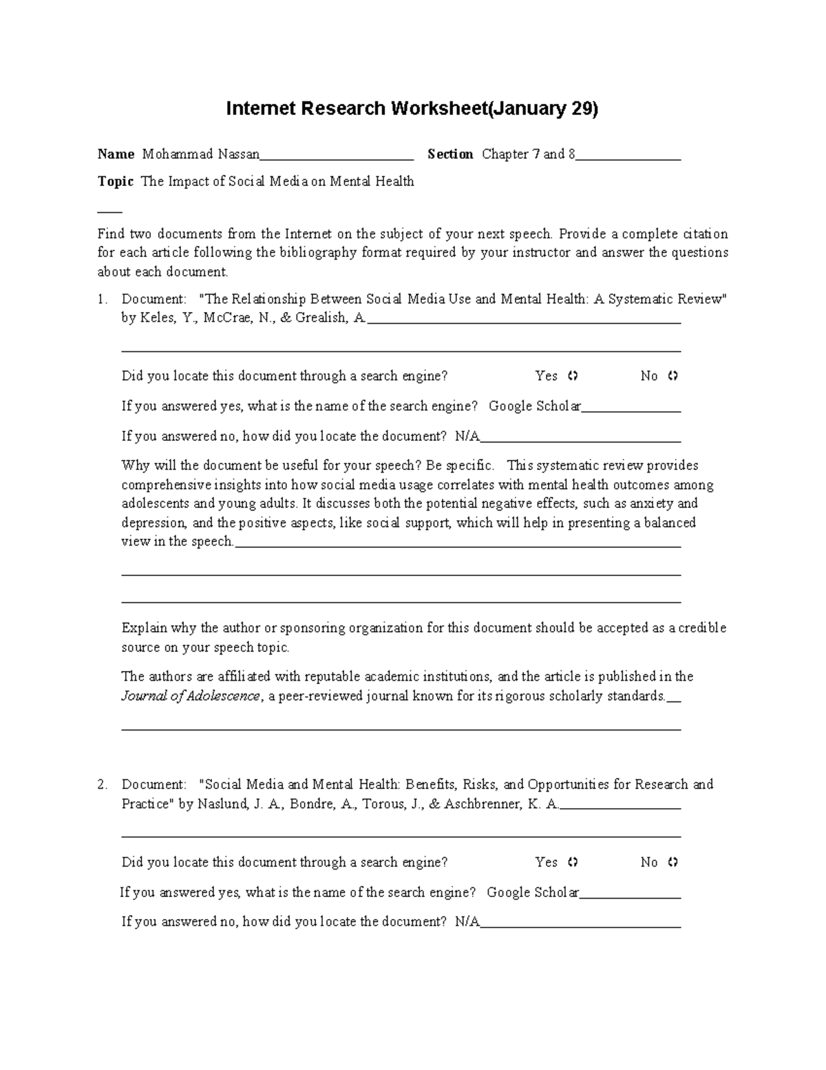Internet Research Worksheet: Social Media & Mental Health Impact - Studocu