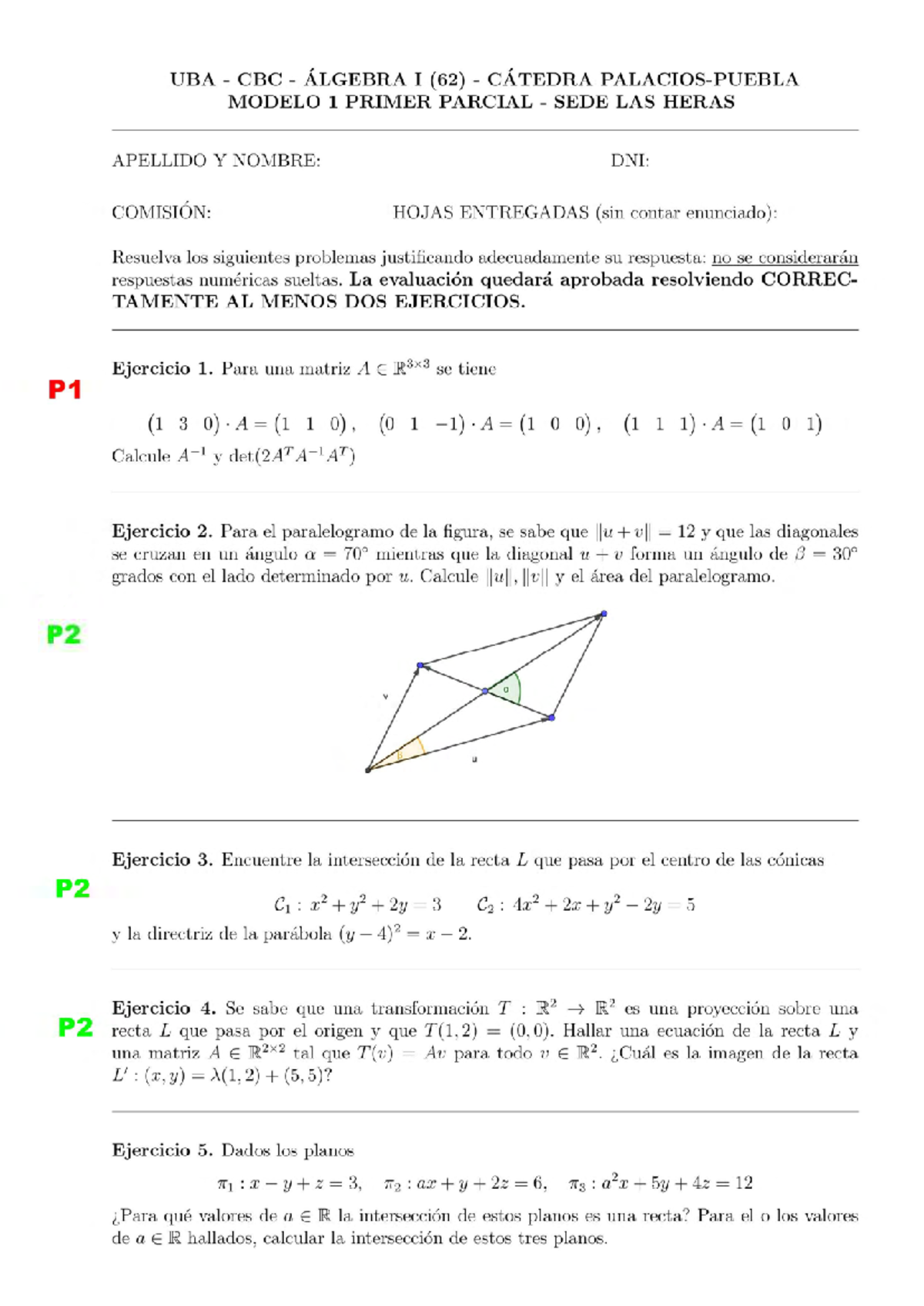 UBA CBC ÁLGEBRA (62) CÁTEDRA PALACIOS-PUEBLA: Exámenes Modelos 2024 - Document Preview