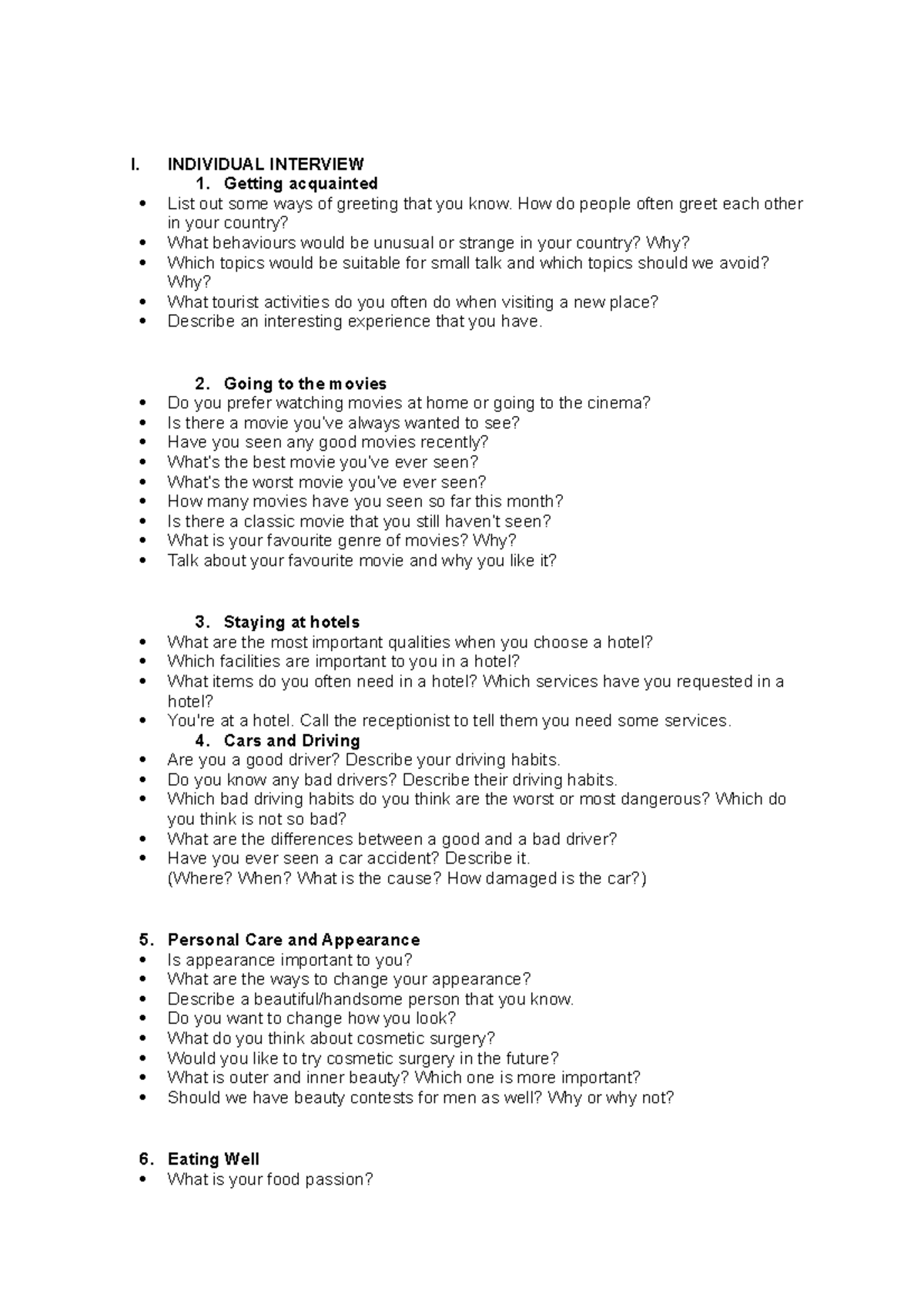 Individual- Interview - I. INDIVIDUAL INTERVIEW 1. Getting acquainted ...