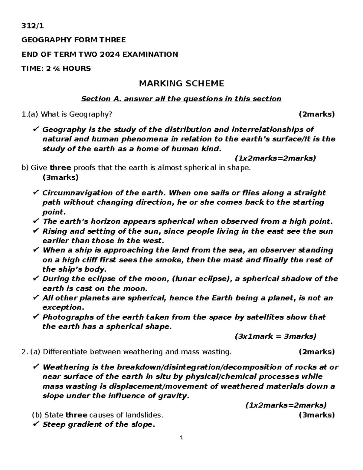 Geography F3T2 End of Term 2 Exam 2024 Marking Scheme - Studocu