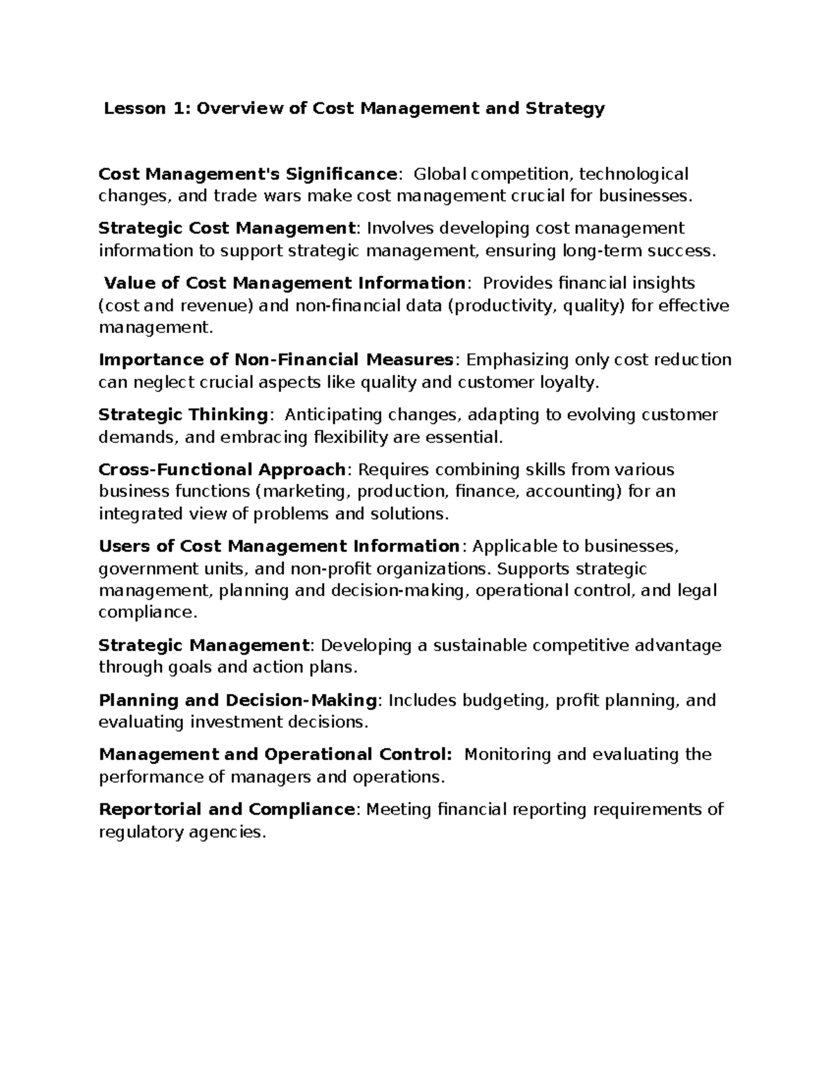Lesson 1: Overview of Strategic Cost Management and Analysis (COST 101 ...