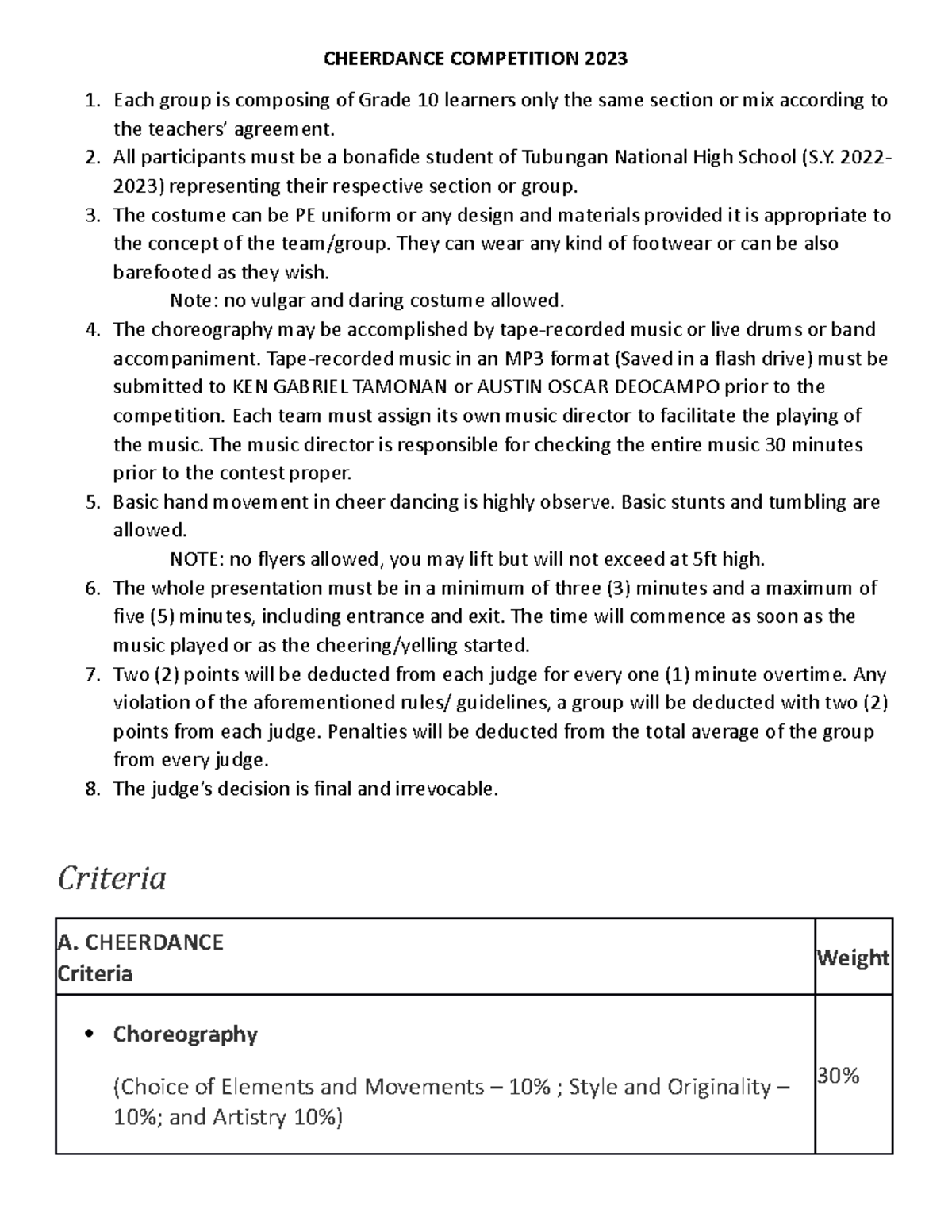 Cheerdance Competition Guidelines 2023: Criteria & Awards - Studocu