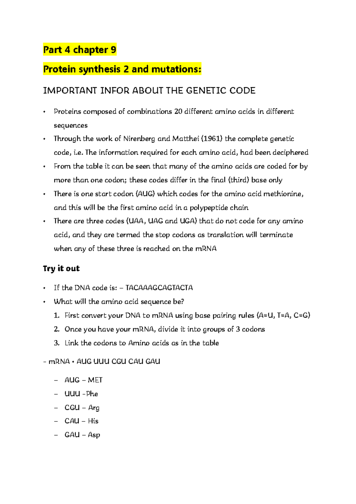 Protein Synthesis & Genetic Code Overview - Lecture Notes (BIO 101 ...