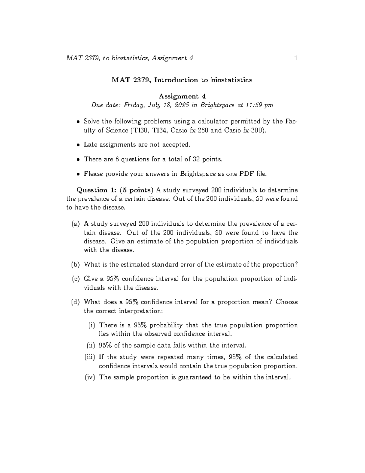 MAT 2379 Biostatistics Assignment 4 Solutions - Spring 2025 - Studocu