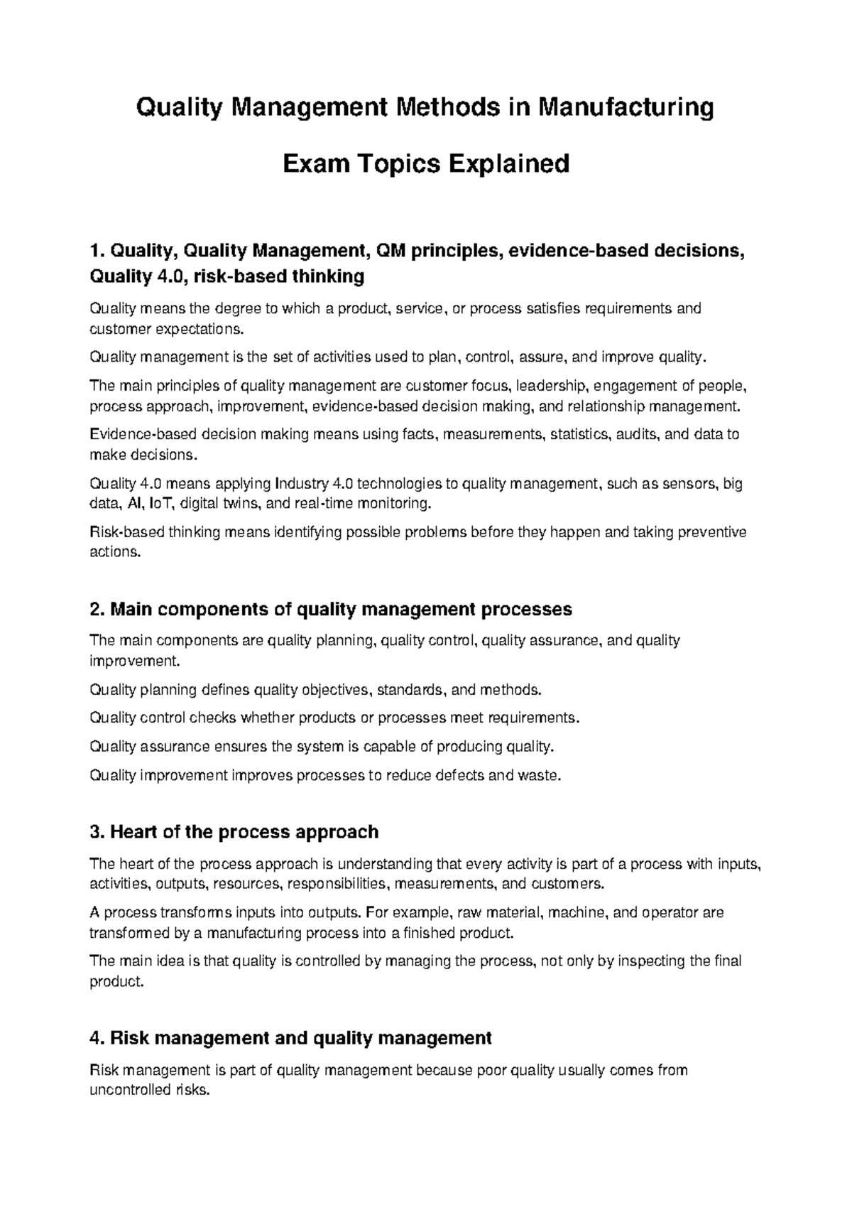 Quality Management Methods in Manufacturing: Exam Topics Overview - Studocu