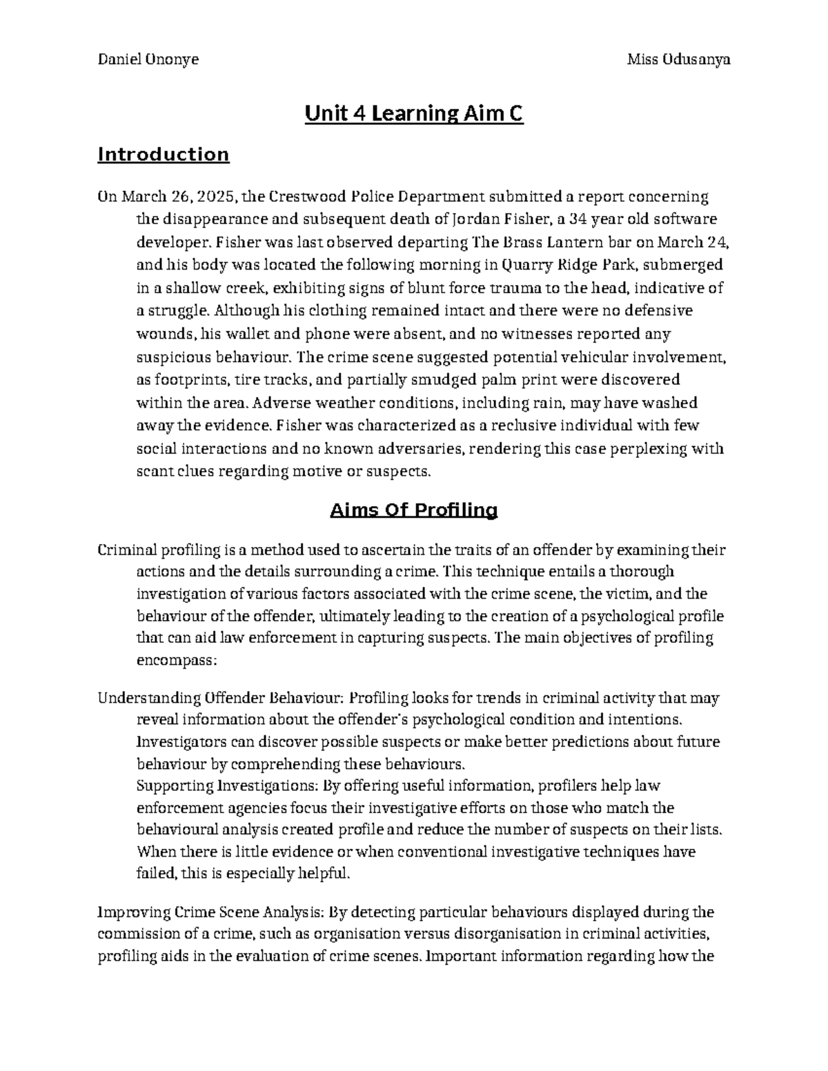 Unit 4 Learning Aim C: Criminal Profiling Techniques - LAC - Studocu