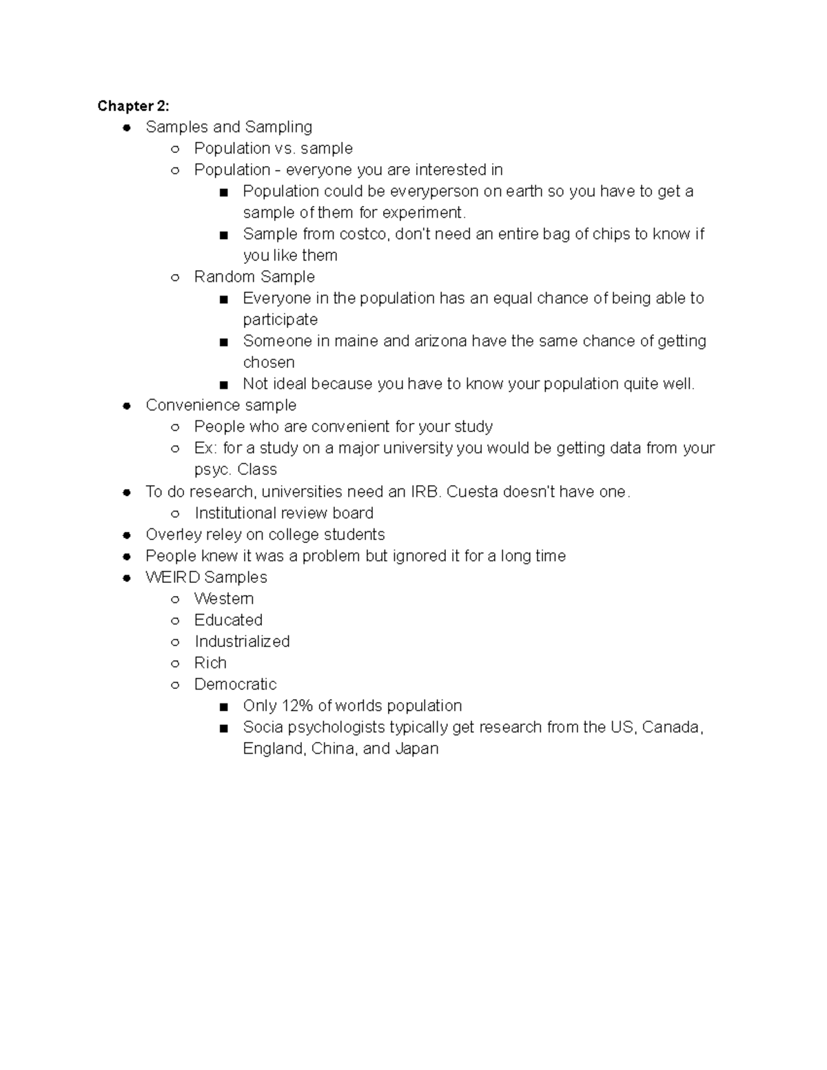Social Psyc Ch. 2 Notes - Chapter 2: Samples and Sampling Population vs ...