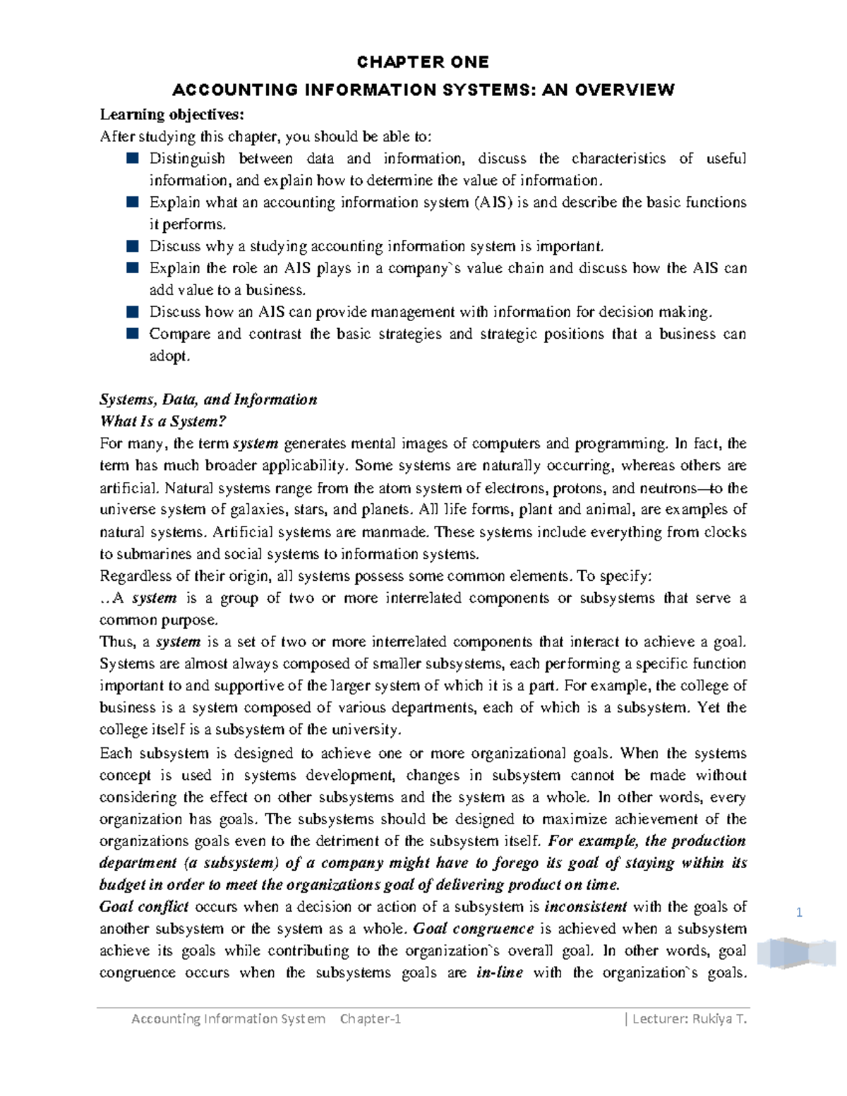 AIS 101: Chapter 1 - Overview of Accounting Information Systems - Studocu