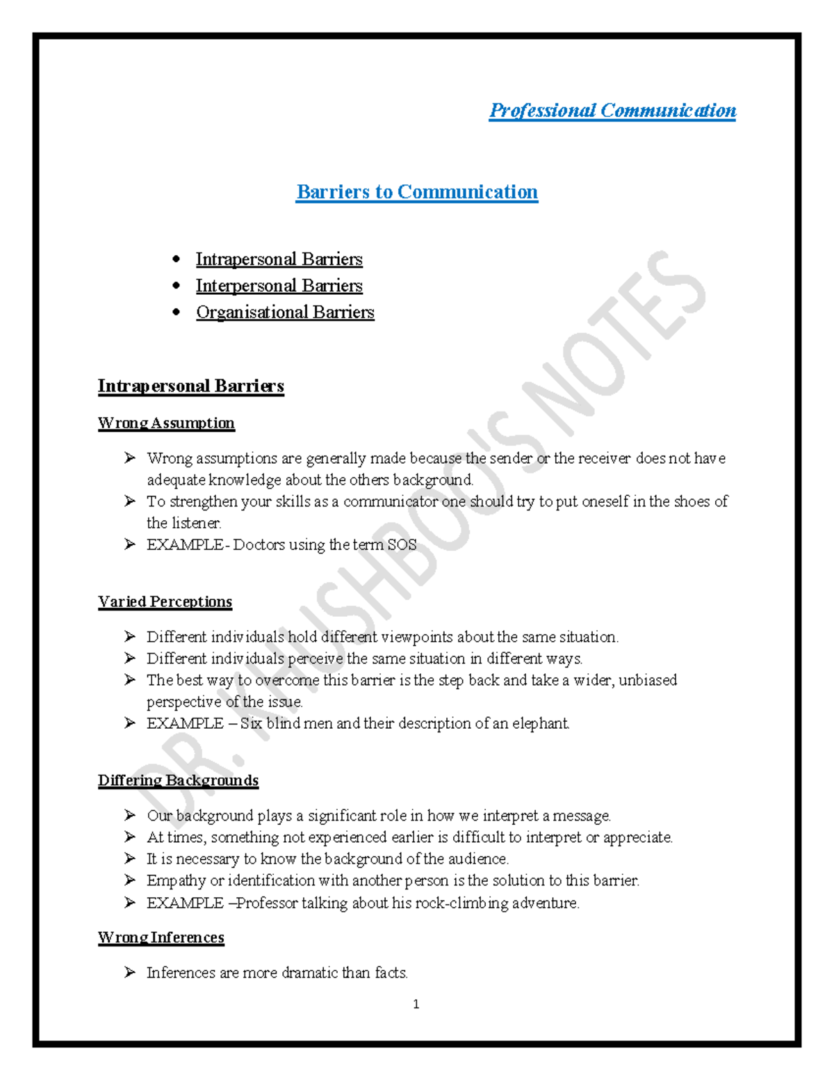Notes on Barriers to Communication in Professional Contexts - Studocu