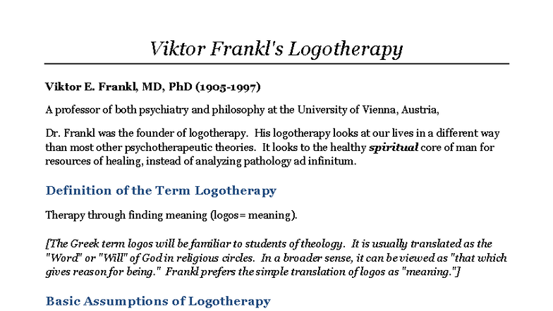 Logotherapy Overview: Insights from Viktor E. Frankl - Studocu