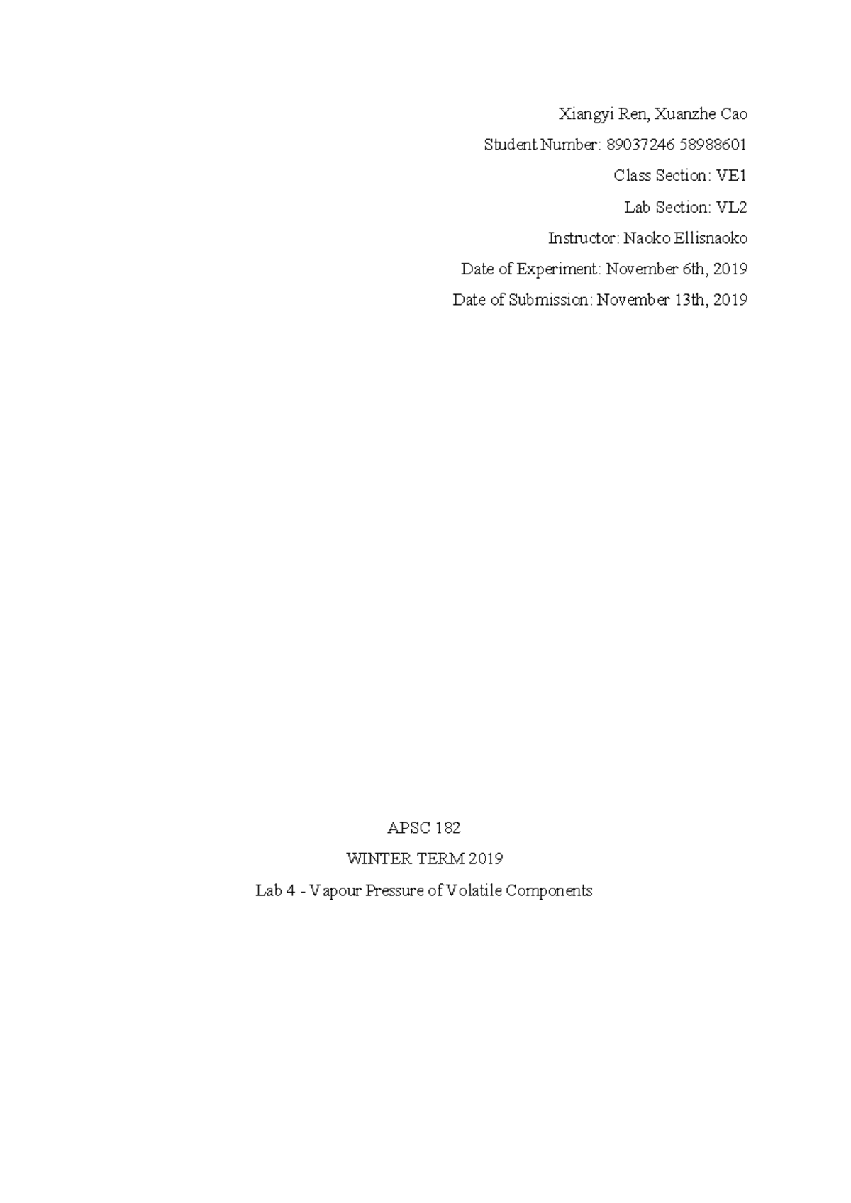 APSC 182 Lab 4: Exploring Vapor Pressure of Volatile Components - Document Preview