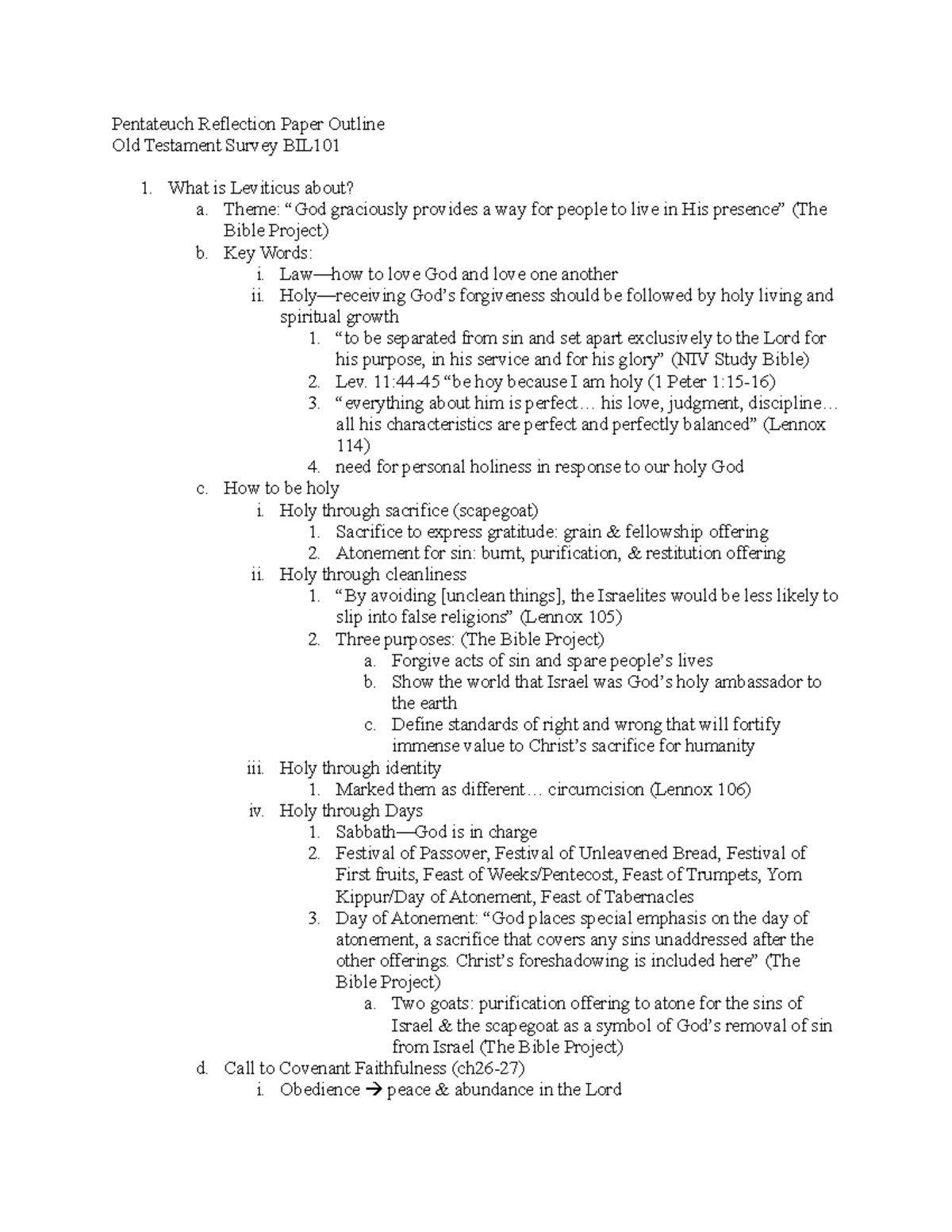 Pentateuch Reflection Paper Outline - Theme: “God graciously provides a ...