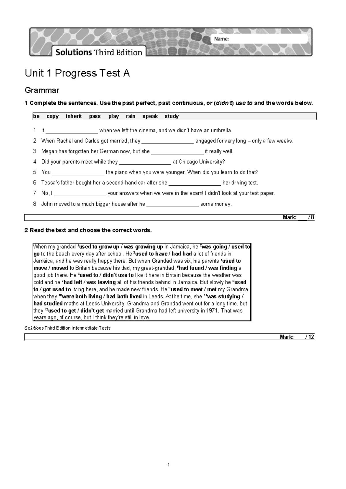 Unit 1 Progress Test A: Grammar & Vocabulary Solutions - Studocu