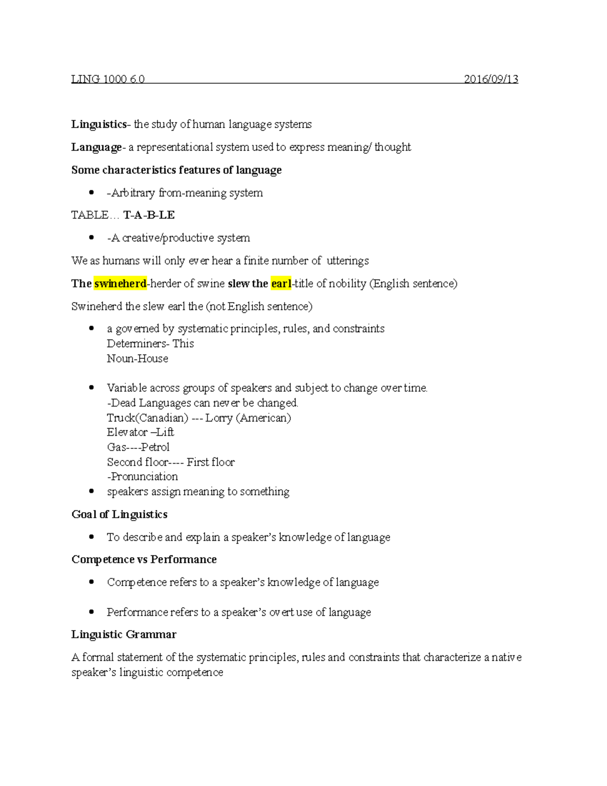 LING 1000 6 - Lecture notes 1 - LING 6 the study of human language ...