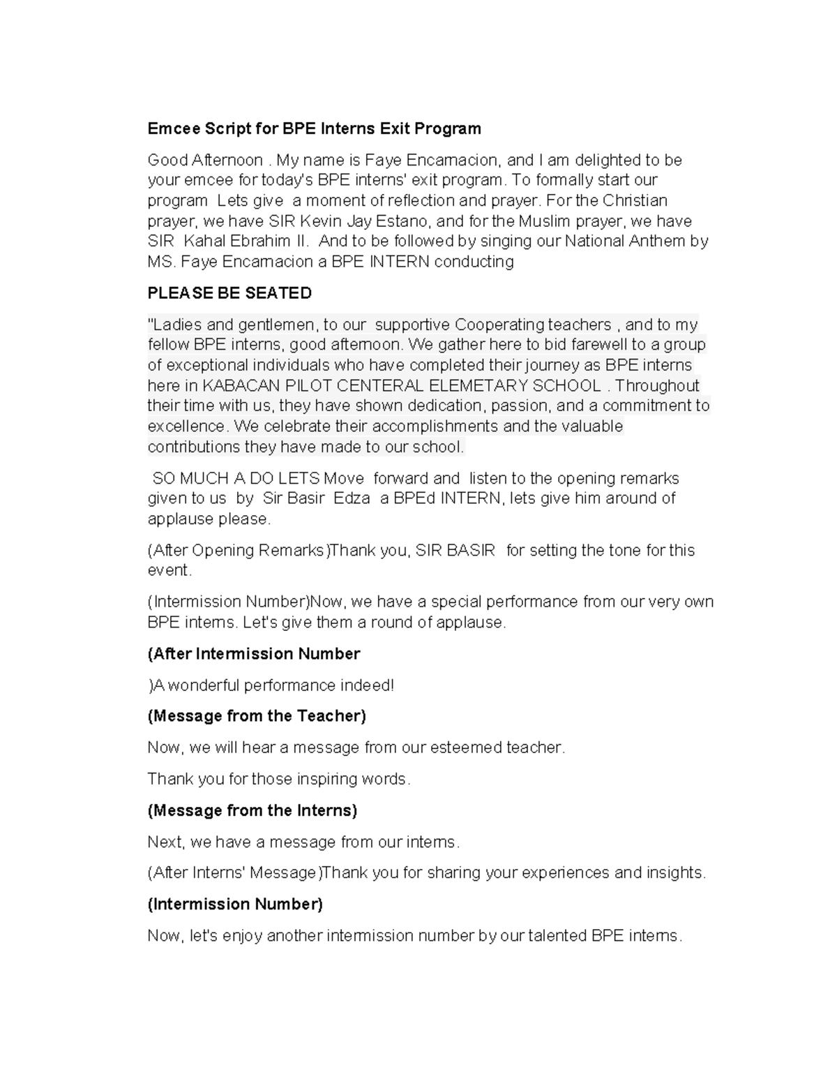 Emcee Script for BPE Interns Exit Program Event - Studocu